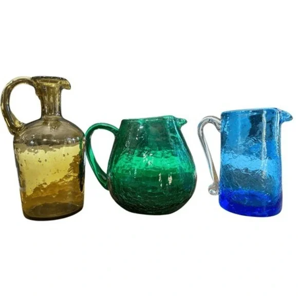 Vintage Crackle Glass Bud Vase Set Amber Green Blue Mini Pitcher Trio - Picture 3 of 15